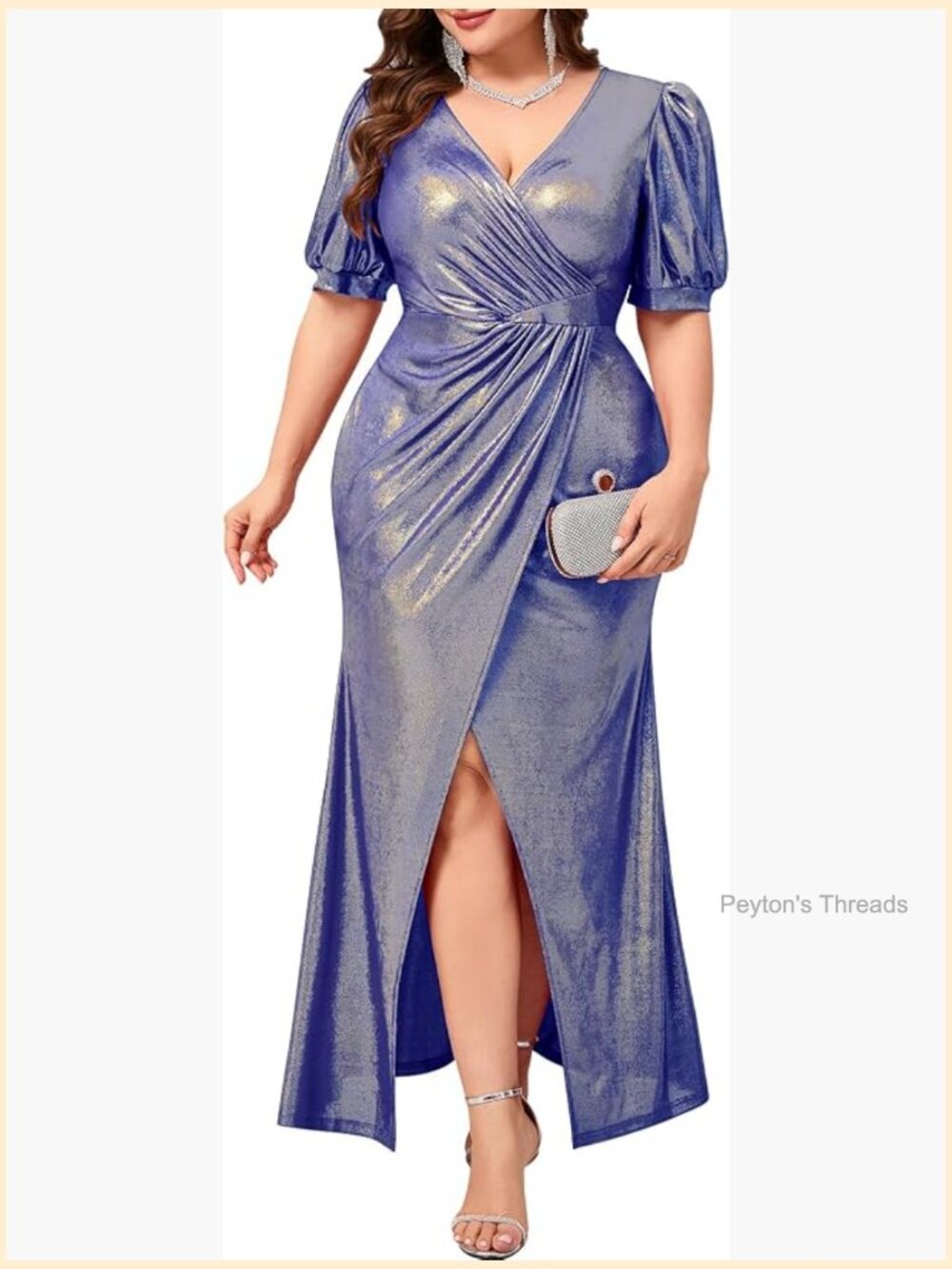 Plus Size Sparkly Formal Maxi Dress Ruched Puff Sleeves V-Neck High Slit